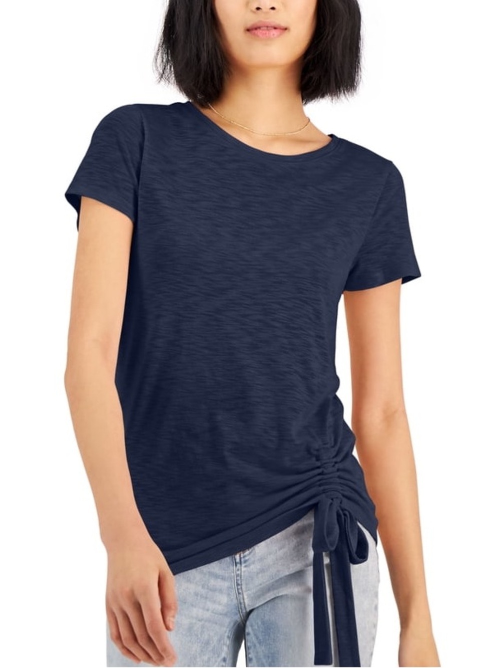 INC International Concepts Ruched Side Tie Tee Blue Large EUC